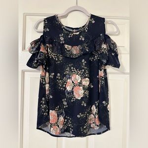PER SEPTION BLUE FLORAL Peek A Boo Shoulder Blouse Top Size Medium